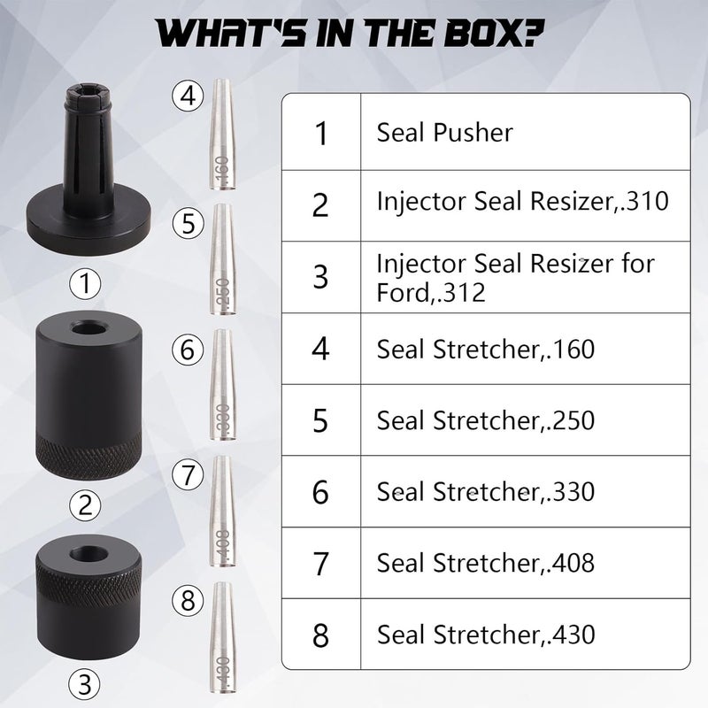 Fumrtcy 34720 Professional Injector Seal Installer Kit 8Pc for Ford, GM, Subaru Engine Precision Fuel Injector Seal Tool Kit Fits Hitachi, Bosch, Continental, Delphi - Image 4